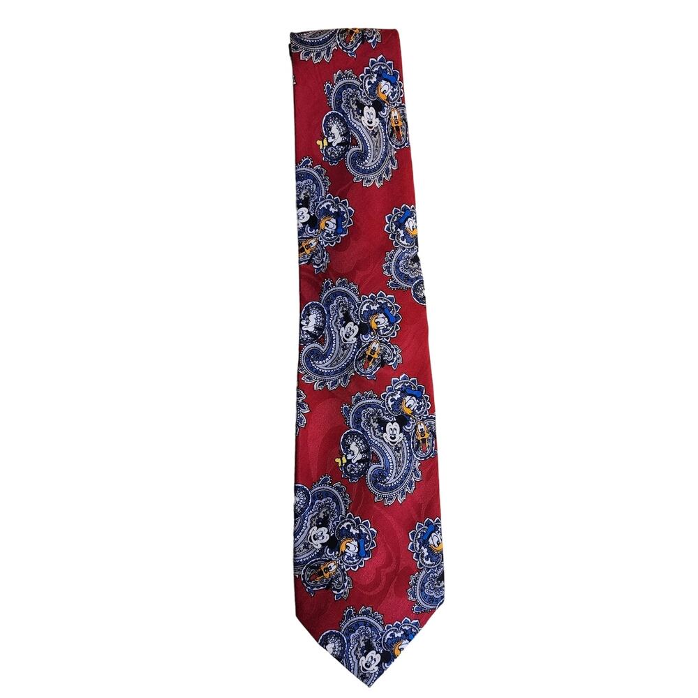 Disney Mickey, Donald, Pluto & Goofy Red Paisley Polyester Tie‎